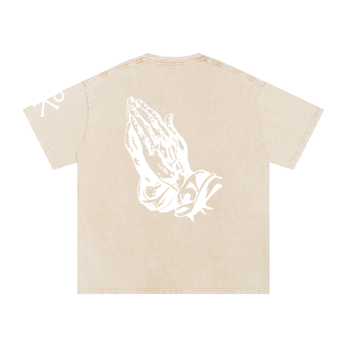 Praying Hands God in Flesh Christian t-shirt, Apricot, back with praying hands art
