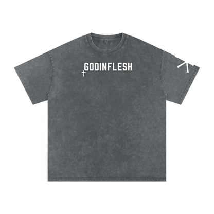 A Strong Tower God in Flesh Christian t-shirt, Pirate Gray, front with Proverbs 18:10