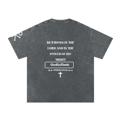 Be Strong in the Lord God in Flesh Christian t-shirt, Pirate Gray, back with Ephesians 6:10