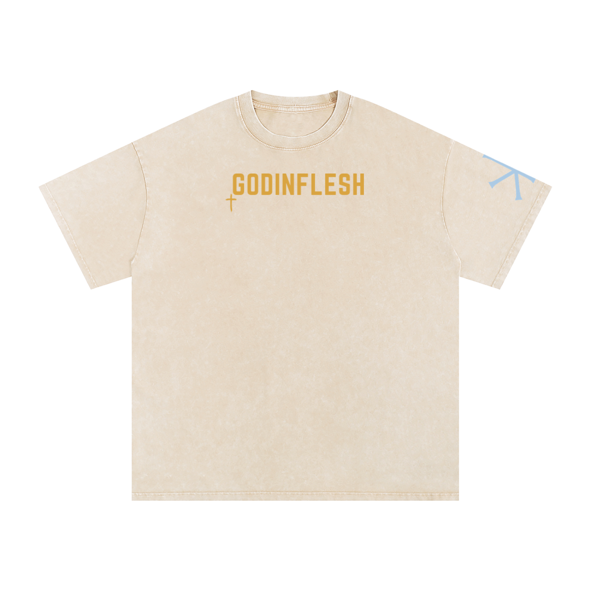 He Is Risen God in Flesh Christian t-shirt, Apricot, front with Matthew 28:6