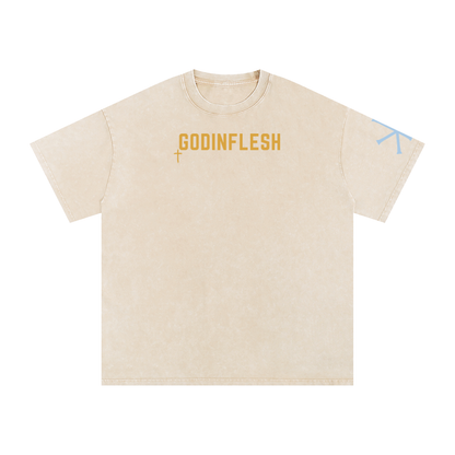 He Is Risen God in Flesh Christian t-shirt, Apricot, front with Matthew 28:6
