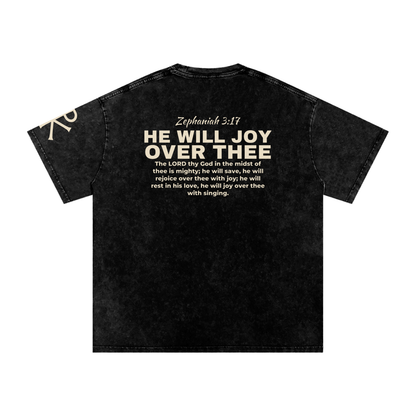 He Will Joy over Thee God in Flesh Christian t-shirt, Black, back with Zephaniah 3:17