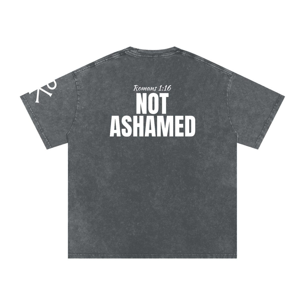 Not Ashamed God in Flesh Christian t-shirt, Pirate Gray, back with Romans 1:16