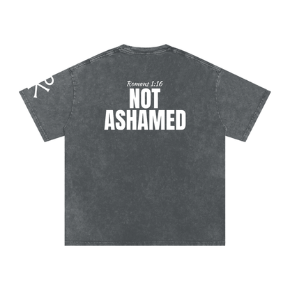 Not Ashamed God in Flesh Christian t-shirt, Pirate Gray, back with Romans 1:16