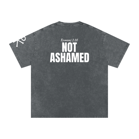 Not Ashamed God in Flesh Christian t-shirt, Pirate Gray, back with Romans 1:16