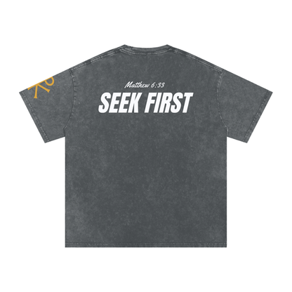 Seek First God in Flesh Christian t-shirt, Pirate Gray, back with Matthew 6:33