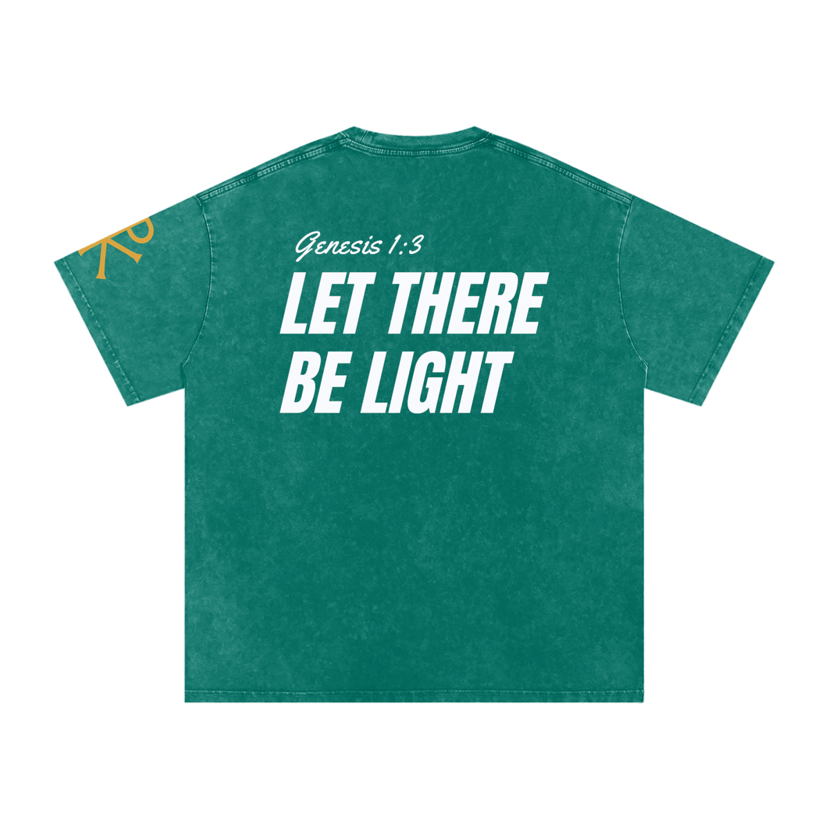 Let There Be Light God in Flesh Christian t-shirt, Dark Green, back with Genesis 1:3