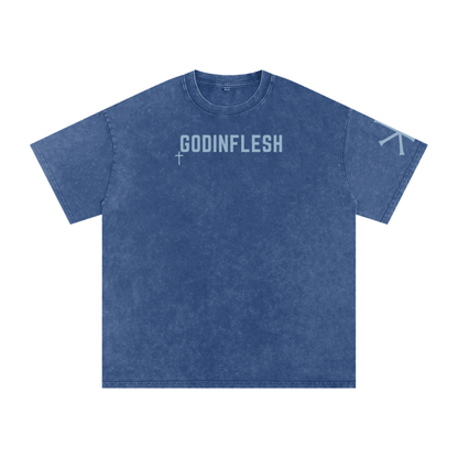 God With Us God in Flesh Christian t-shirt, Dark Blue, front with Matthew 28:20