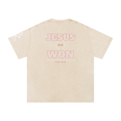 Jesus Won God in Flesh Christian t-shirt, Apricot, back with John 16:33