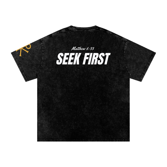 Seek First God in Flesh Christian t-shirt, Black, back with Matthew 6:33