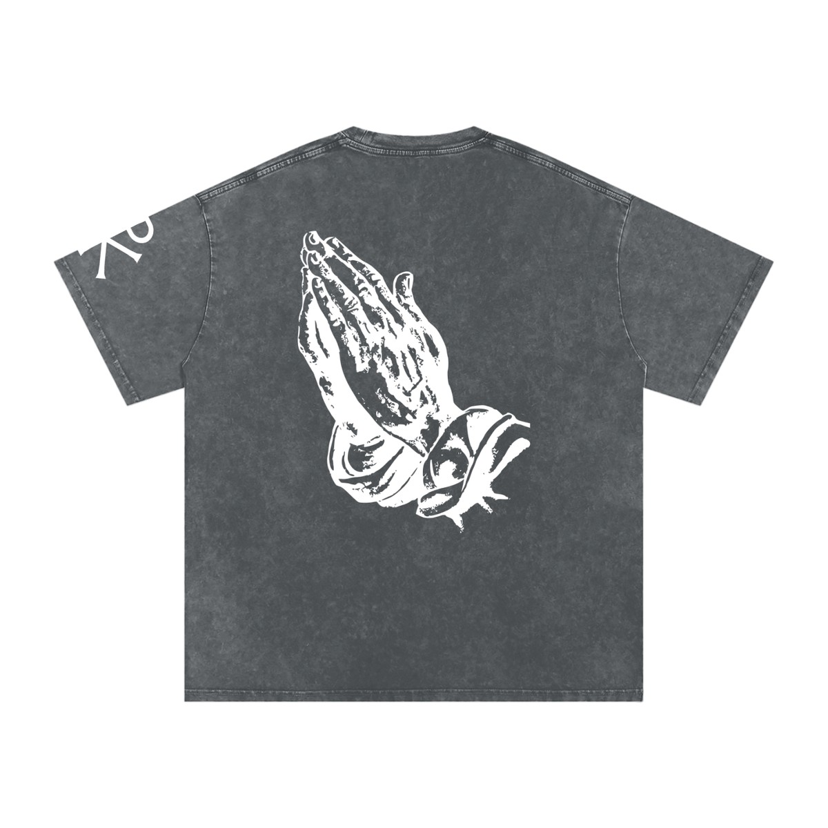 Praying Hands God in Flesh Christian t-shirt, Pirate Gray, back with praying hands art