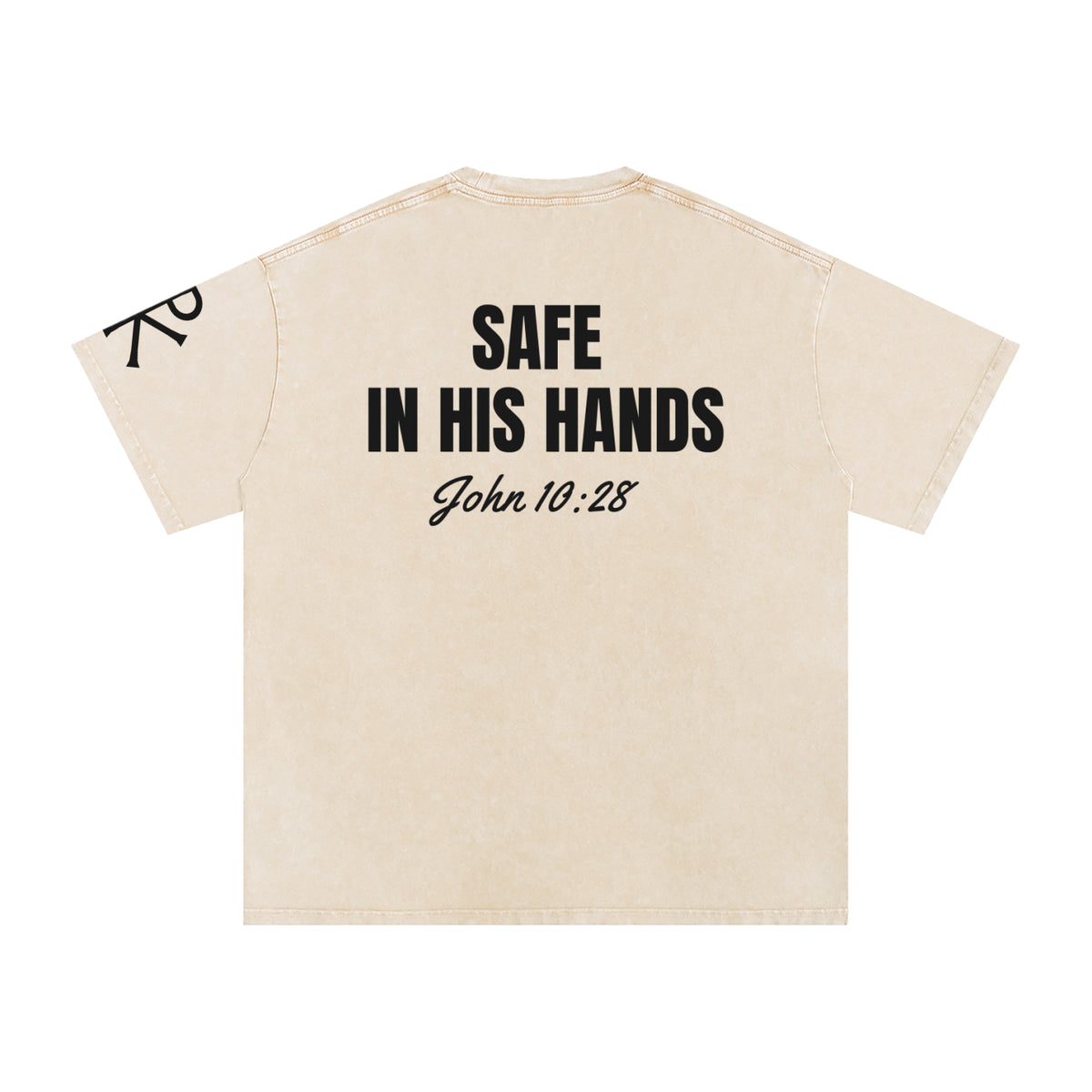 Safe in His Hands God in Flesh Christian t-shirt, Apricot, back with John 10:28