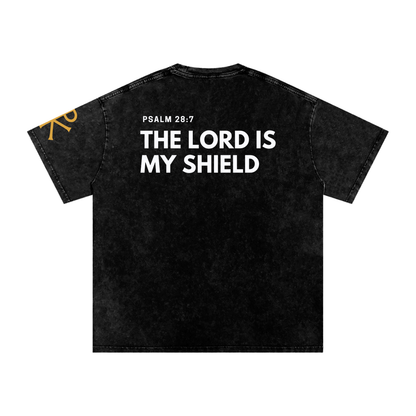 The Lord Is My Shield God in Flesh Christian t-shirt, Black, back with Psalm 28:7