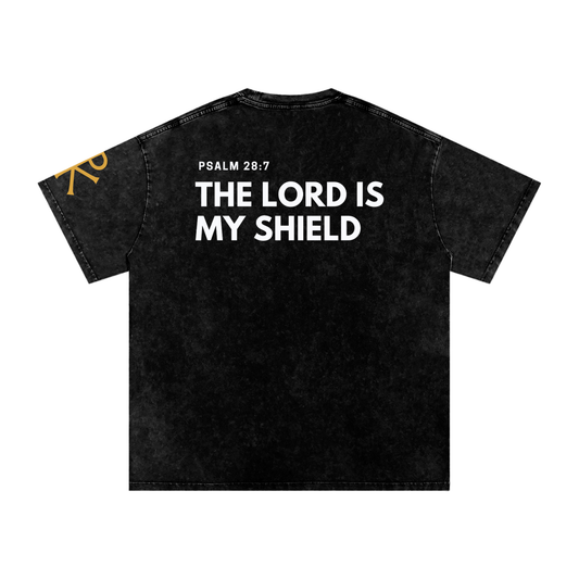 The Lord Is My Shield God in Flesh Christian t-shirt, Black, back with Psalm 28:7
