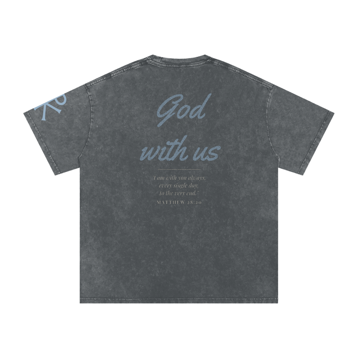God With Us God in Flesh Christian t-shirt, Pirate Gray, back with Matthew 28:20