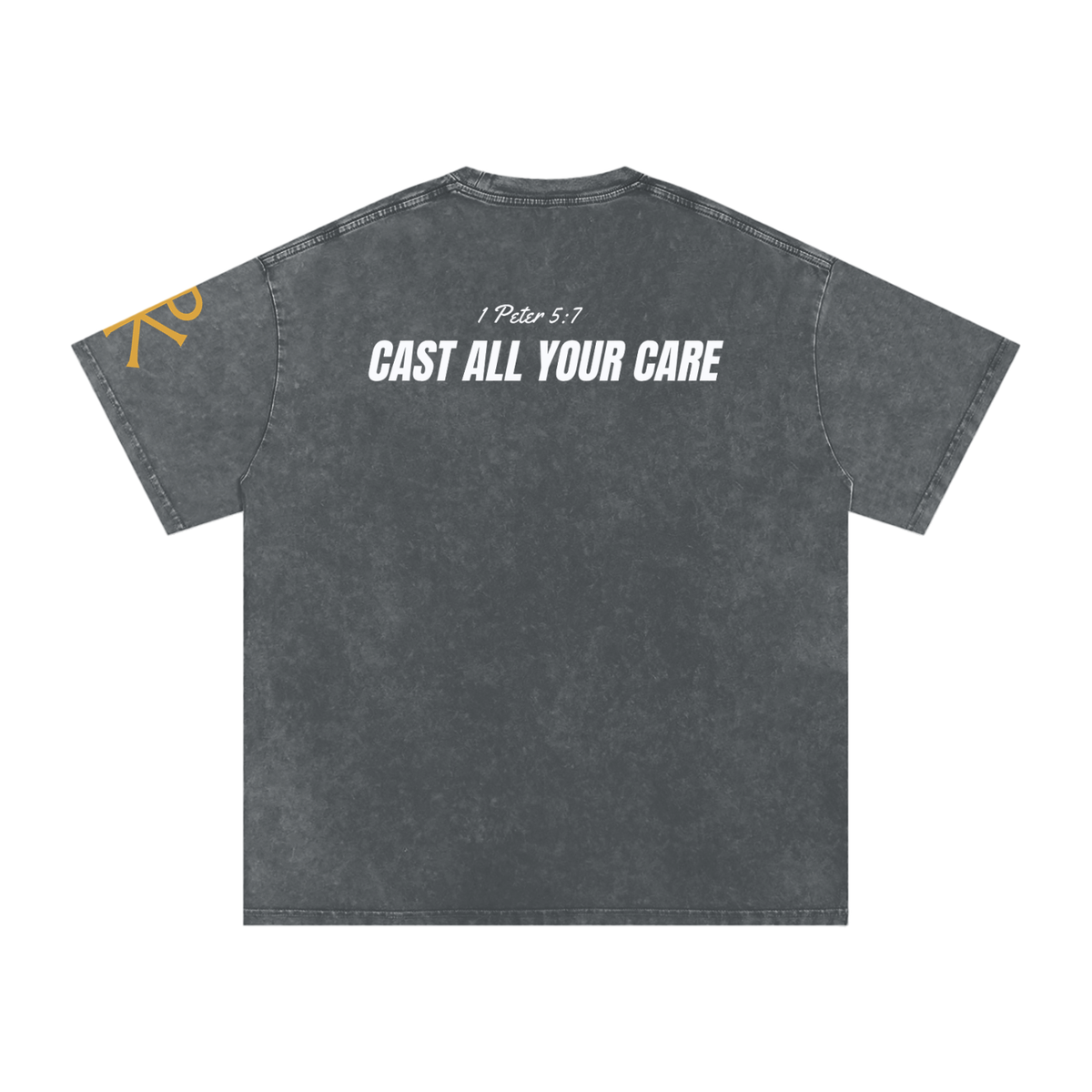 Cast All Your Care God in Flesh Christian t-shirt, Pirate Gray, back with 1 Peter 5:7