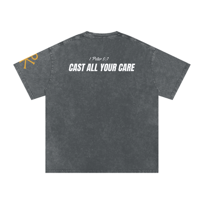 Cast All Your Care God in Flesh Christian t-shirt, Pirate Gray, back with 1 Peter 5:7