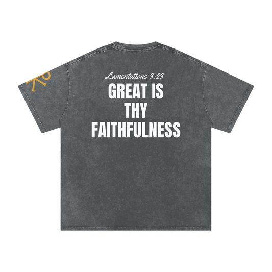 Great Is Thy Faithfulness God in Flesh Christian t-shirt, Pirate Gray, back with Lamentations 3:23