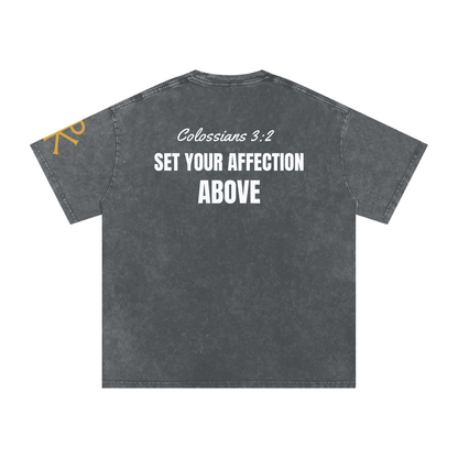 Set Your Affection Above God in Flesh Christian t-shirt, Pirate Gray, back with Colossians 3:2
