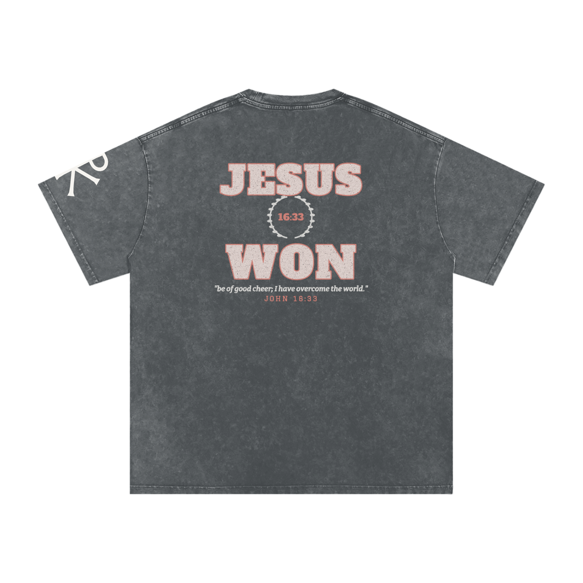 Jesus Won God in Flesh Christian t-shirt, Pirate Gray, back with John 16:33