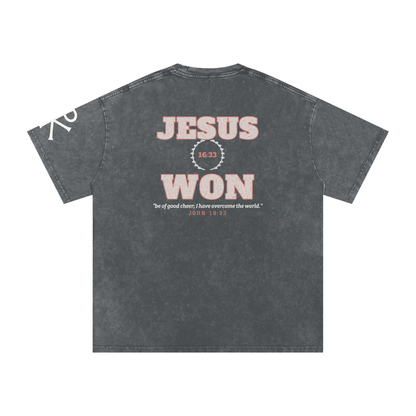 Jesus Won God in Flesh Christian t-shirt, Pirate Gray, back with John 16:33