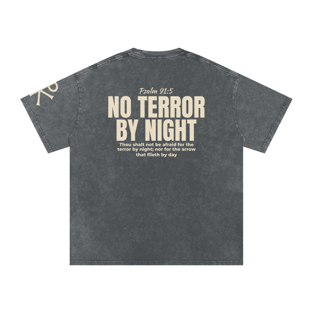 No Terror by Night God in Flesh Christian t-shirt, Pirate Gray, back with Psalm 91:5