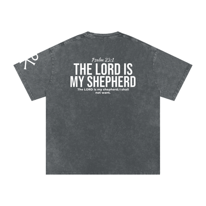 The Lord Is My Shepherd God in Flesh Christian t-shirt, Pirate Gray, back with Psalm 23:1