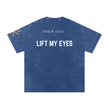 Lift My Eyes God in Flesh Christian t-shirt, Dark Blue, back with Psalm 121:1