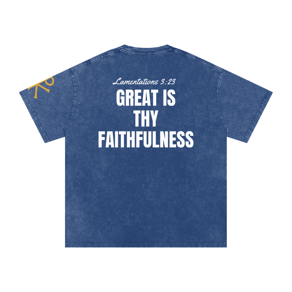 Great Is Thy Faithfulness God in Flesh Christian t-shirt, Dark Blue, back with Lamentations 3:23
