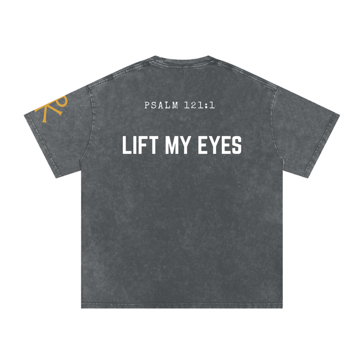 Lift My Eyes God in Flesh Christian t-shirt, Pirate Gray, back with Psalm 121:1