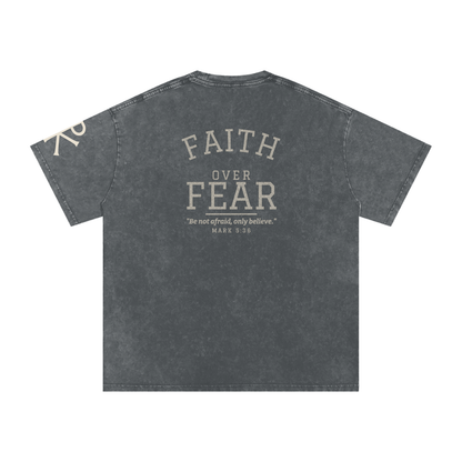 Faith Over Fear God in Flesh Christian t-shirt, Pirate Gray, back with Mark 5:36