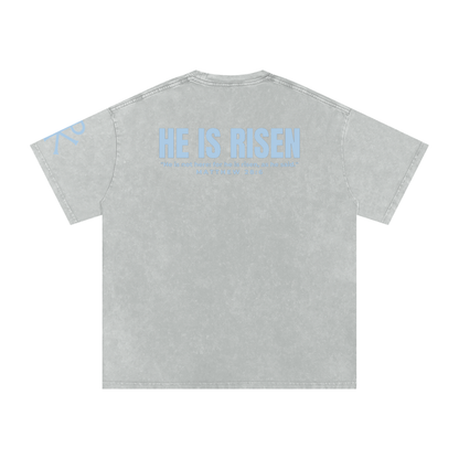 He Is Risen God in Flesh Christian t-shirt, Light Gray, back with Matthew 28:6