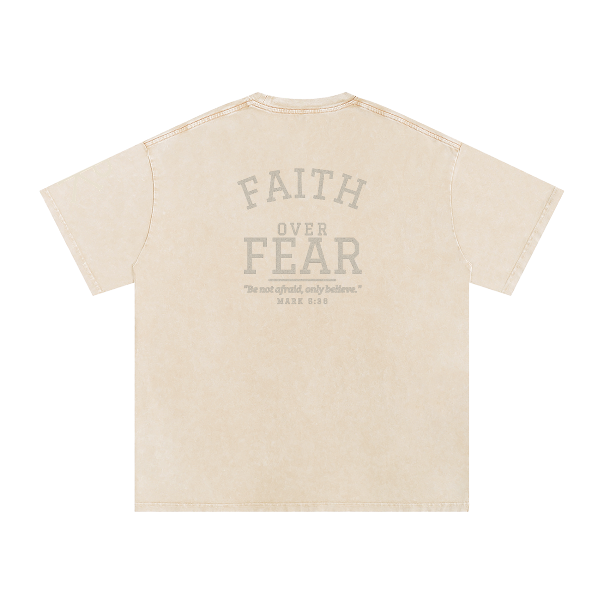 Faith Over Fear God in Flesh Christian t-shirt, Apricot, back with Mark 5:36