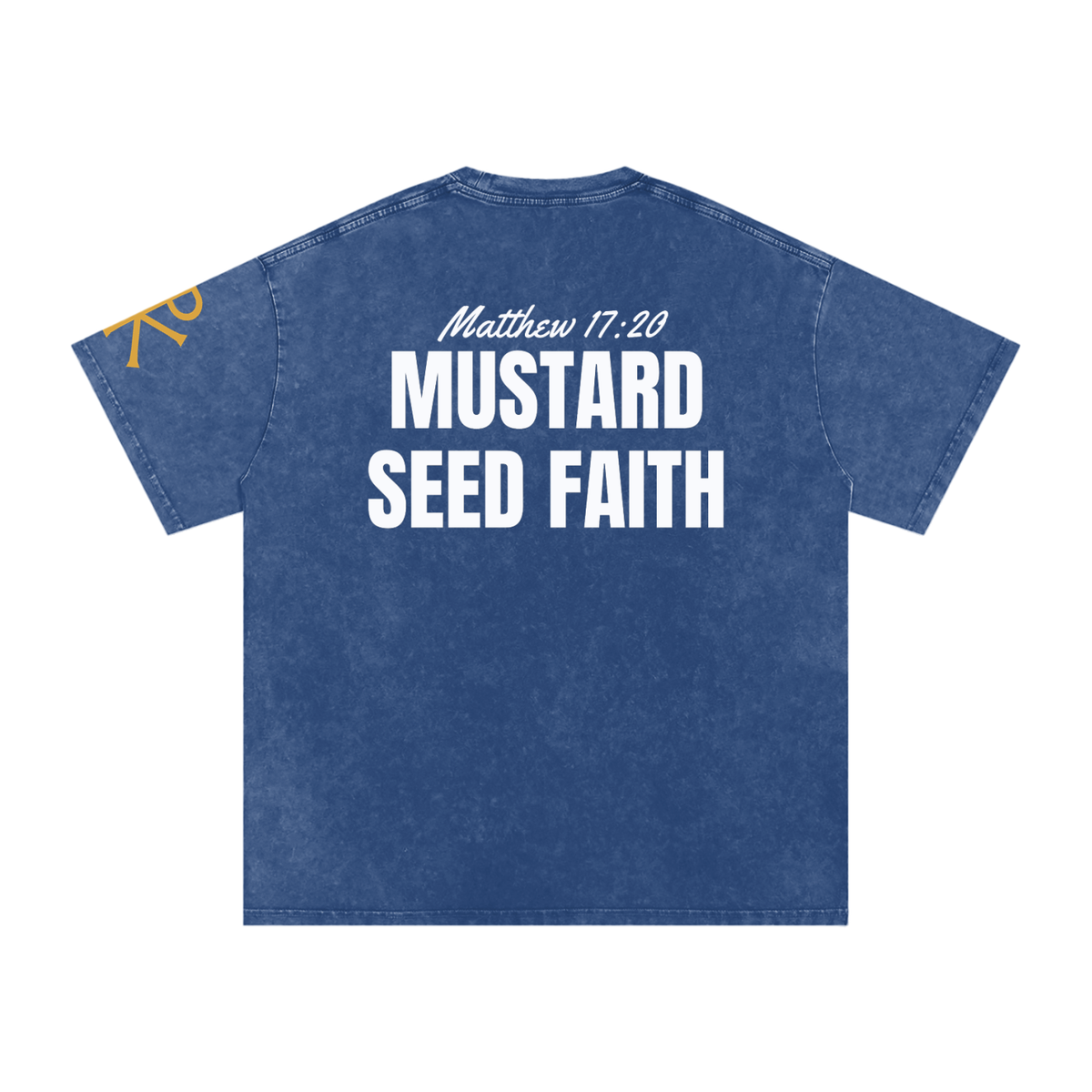 Mustard Seed Faith God in Flesh Christian t-shirt, Dark Blue, back with Matthew 17:20