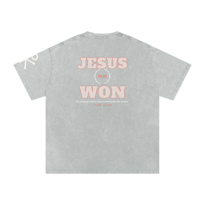 Jesus Won God in Flesh Christian t-shirt, Light Gray, back with John 16:33