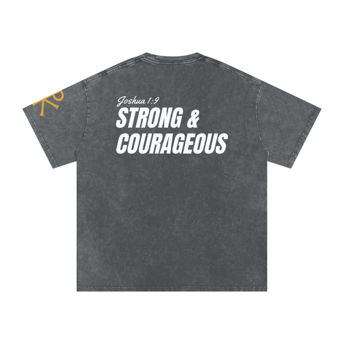 Strong & Courageous God in Flesh Christian t-shirt, Pirate Gray, back with Joshua 1:9