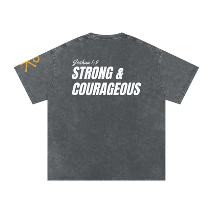 Strong & Courageous God in Flesh Christian t-shirt, Pirate Gray, back with Joshua 1:9