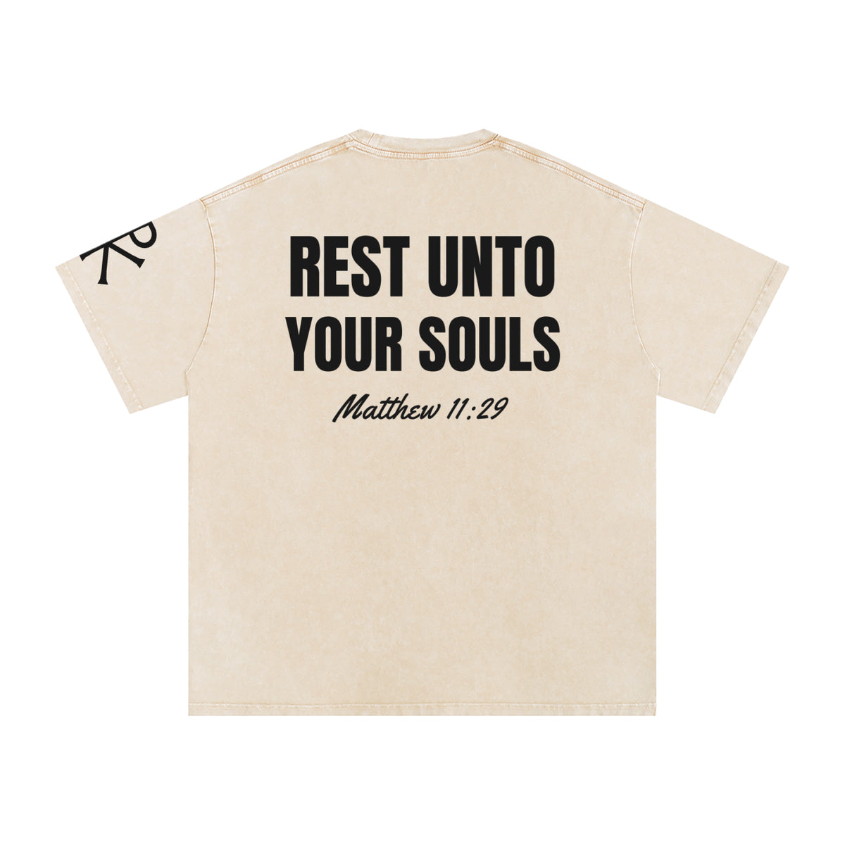 Rest unto Your Souls God in Flesh Christian t-shirt, Apricot, back with Matthew 11:29