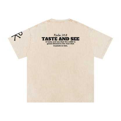 Taste and See God in Flesh Christian t-shirt, Apricot, back with Psalm 34:8
