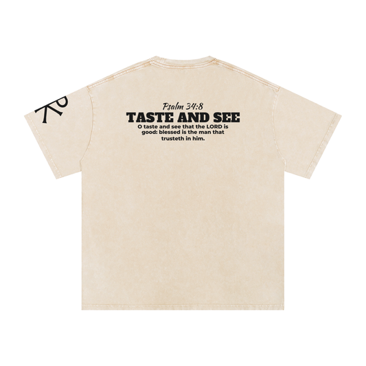 Taste and See God in Flesh Christian t-shirt, Apricot, back with Psalm 34:8