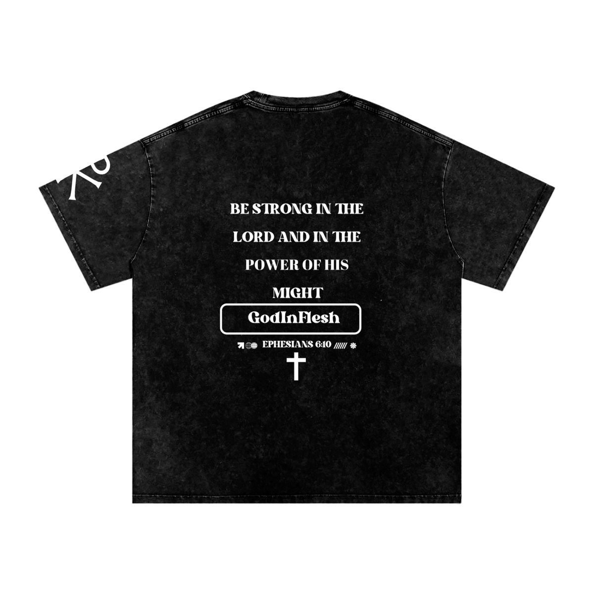 Be Strong in the Lord God in Flesh Christian t-shirt, Black, back with Ephesians 6:10