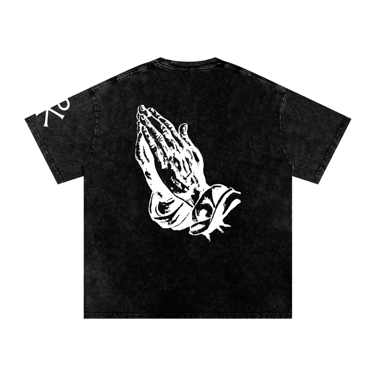 Praying Hands God in Flesh Christian t-shirt, Black, back with praying hands art