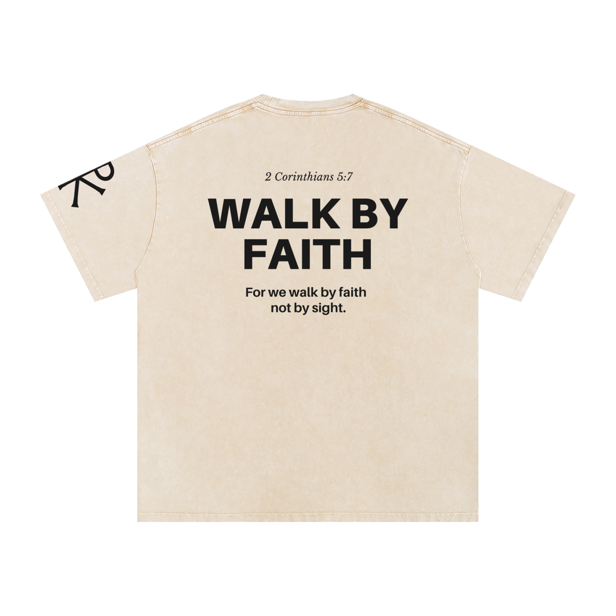 Walk by Faith God in Flesh Christian t-shirt, Apricot, back with 2 Corinthians 5:7