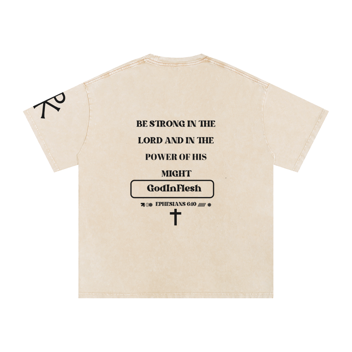Be Strong in the Lord God in Flesh Christian t-shirt, Apricot, back with Ephesians 6:10