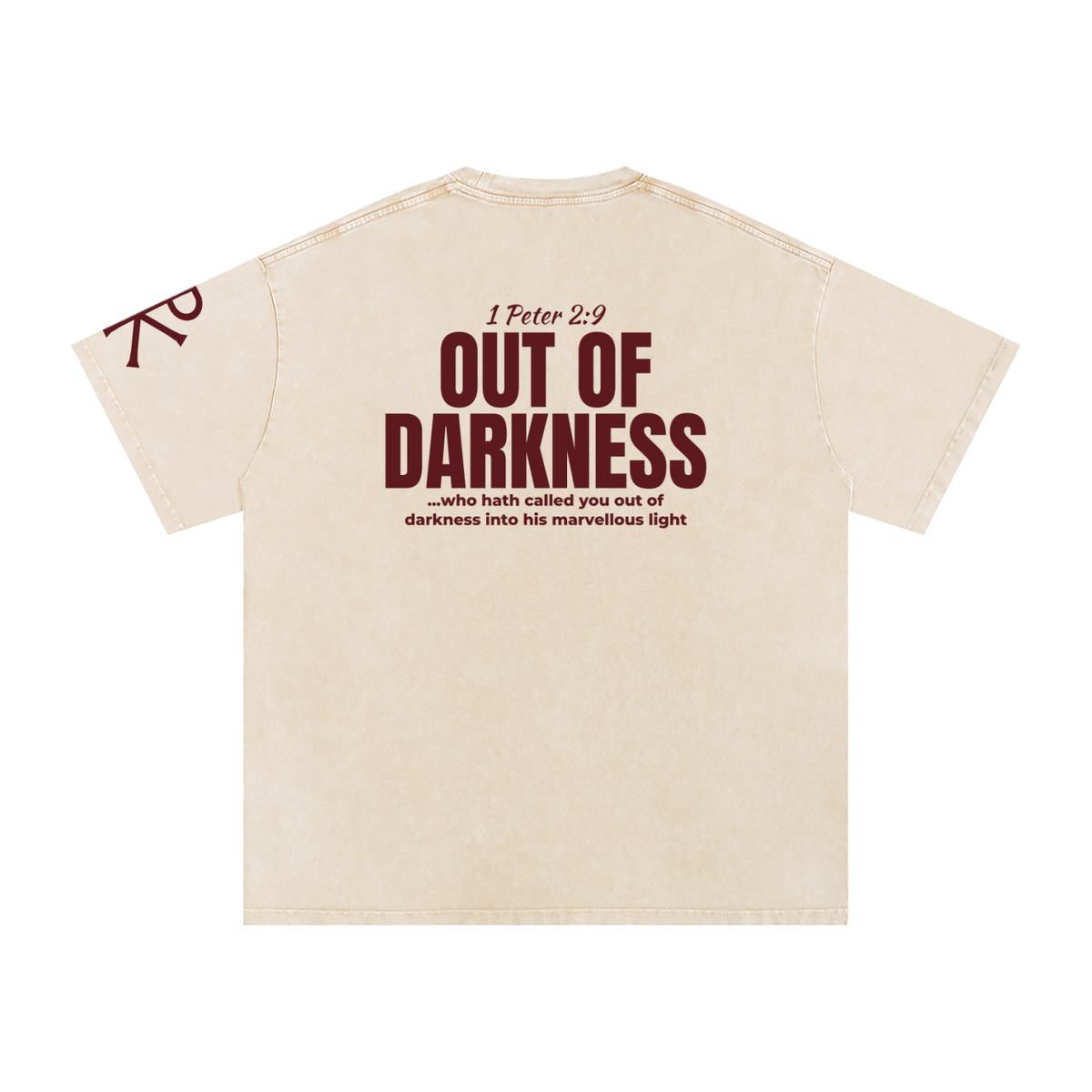 Out of Darkness God in Flesh Christian t-shirt, Apricot, back with 1 Peter 2:9