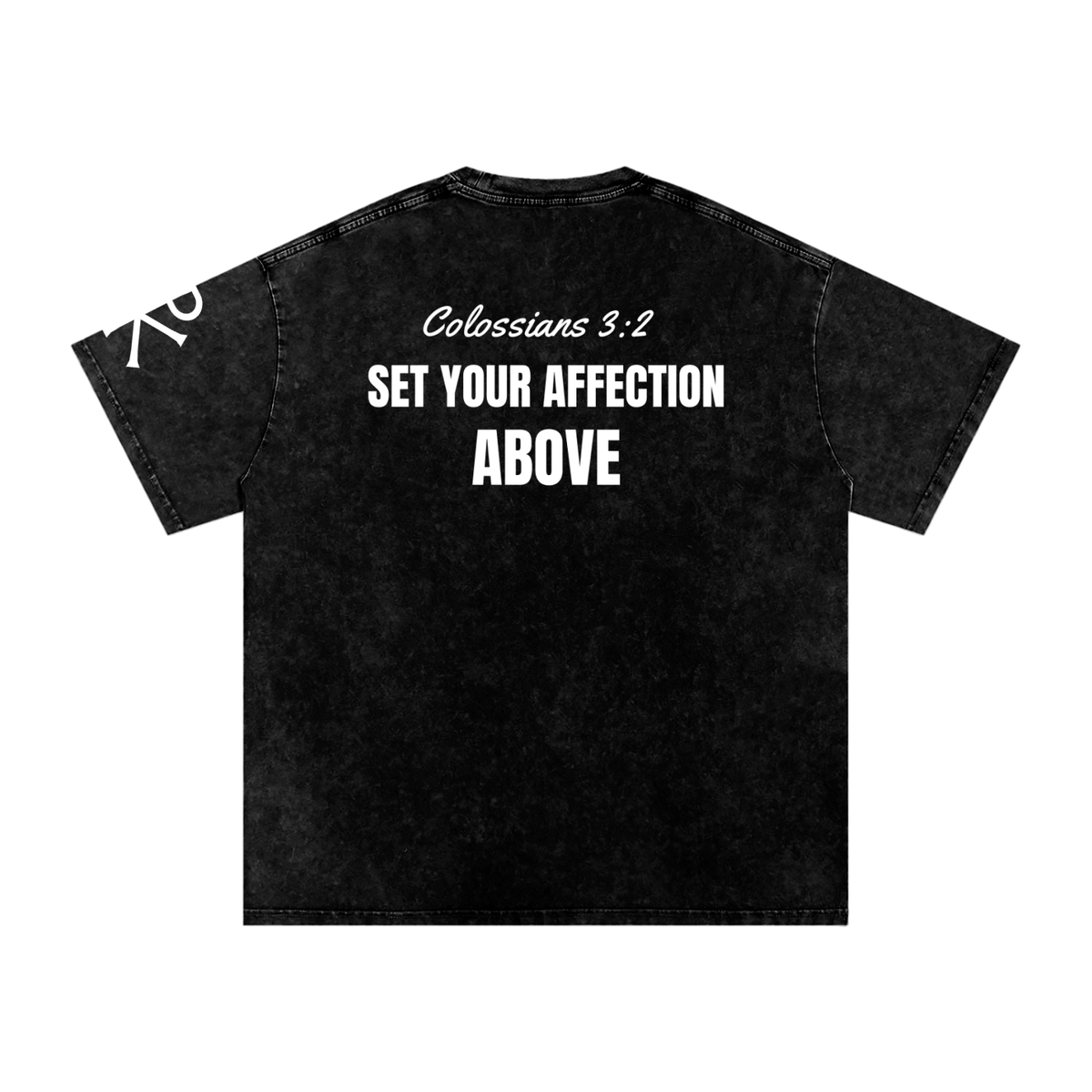 Set Your Affection Above God in Flesh Christian t-shirt, Black, back with Colossians 3:2