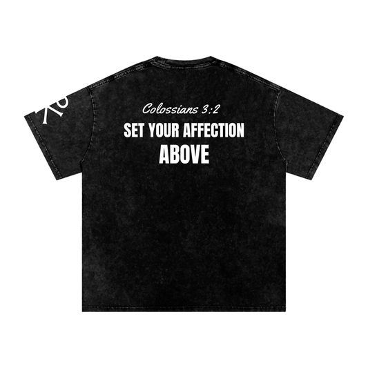 Set Your Affection Above God in Flesh Christian t-shirt, Black, back with Colossians 3:2