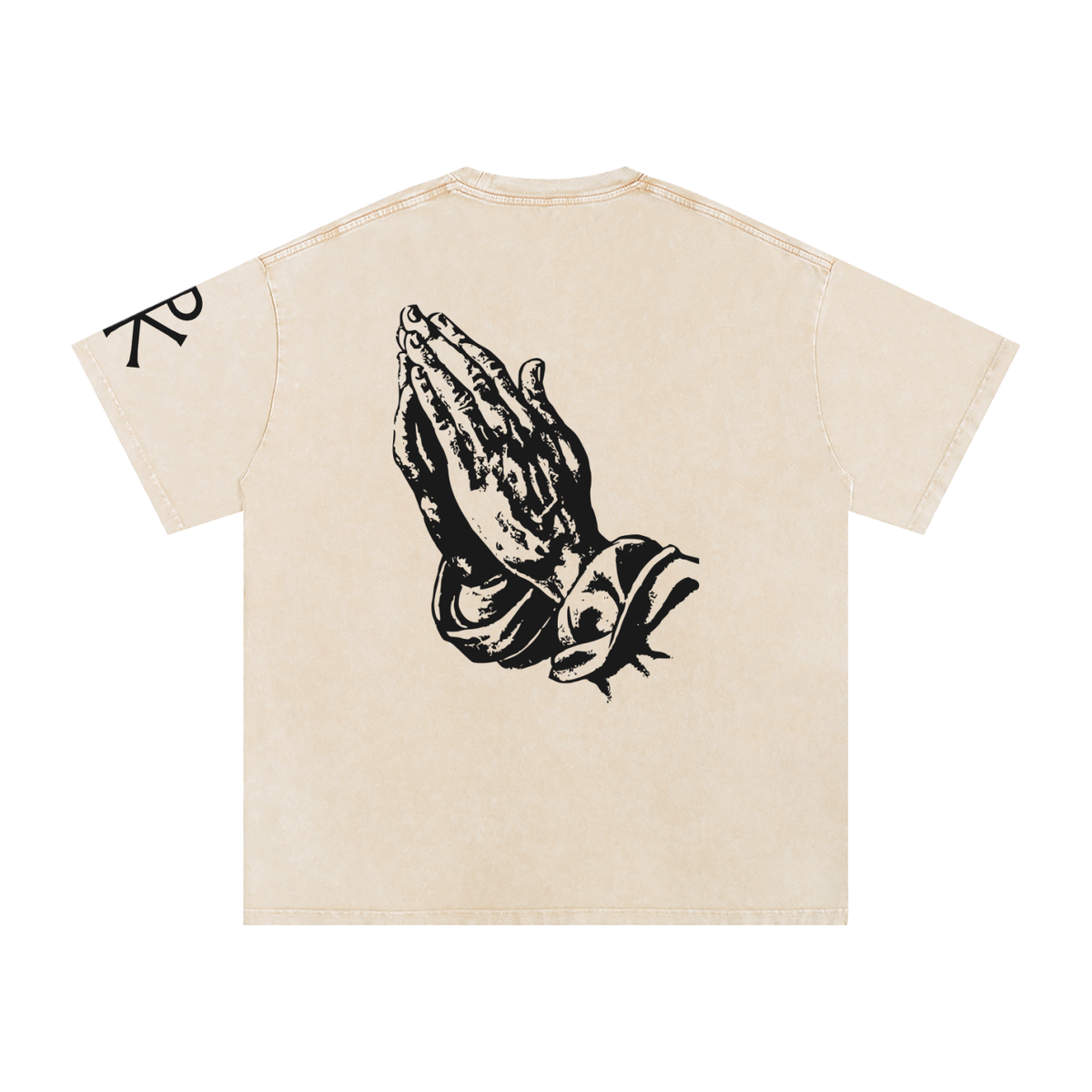 Praying Hands God in Flesh Christian t-shirt, Apricot, back with praying hands art
