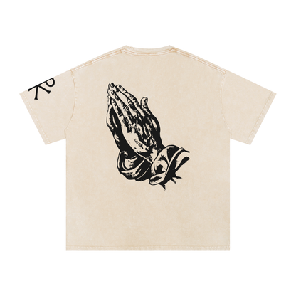 Praying Hands God in Flesh Christian t-shirt, Apricot, back with praying hands art