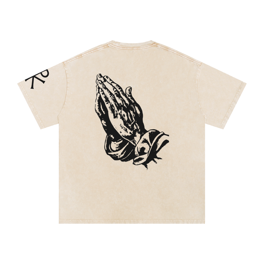Praying Hands God in Flesh Christian t-shirt, Apricot, back with praying hands art